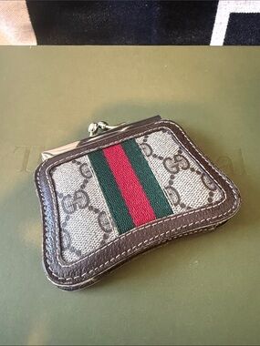 Gucci Brown GG Canvas Coin Purse with Green and Red Web
